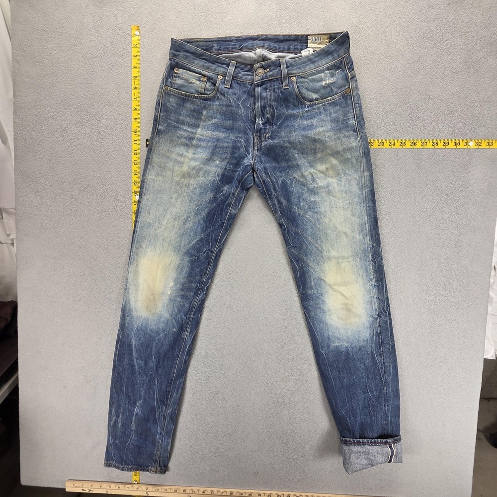 G-Star RAW Jeans Mens 32x34 Blue Selvedge 3301 Low Tapered Slim Button Fly